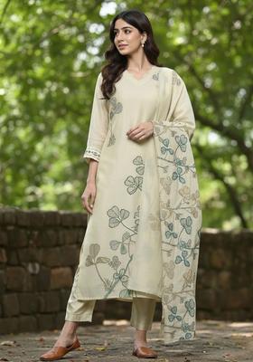 Olive Embroidered Cotton Kurta Set