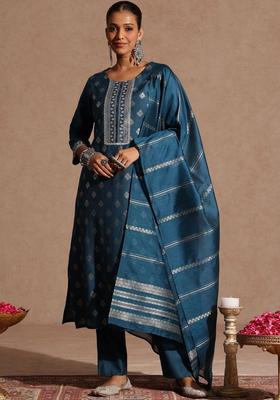Teal Self Design Silk Blend Kurta Set