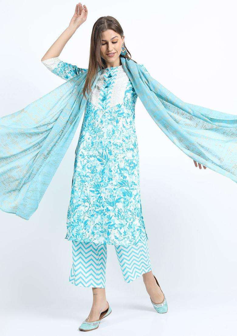 Turquoise Blue Printed Polyester Kurta Set - Indya