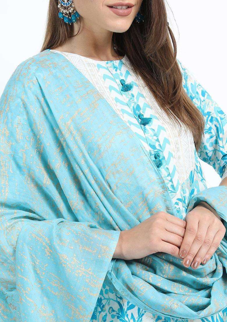 Turquoise Blue Printed Polyester Kurta Set - Indya