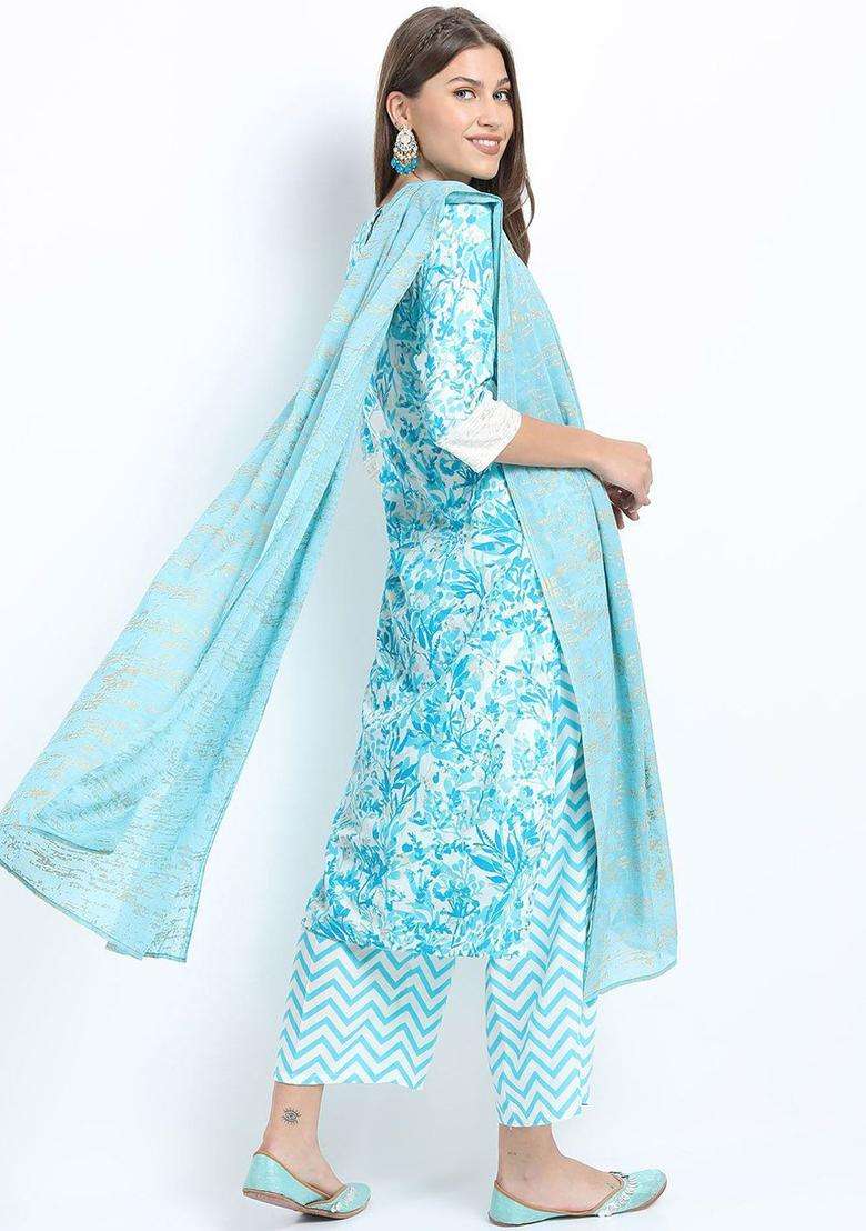 Turquoise Blue Printed Polyester Kurta Set - Indya