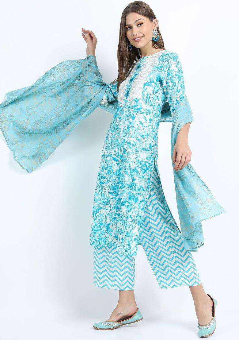 Turquoise Blue Printed Polyester Kurta Set - Indya
