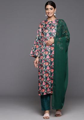 Green Solid Wool Blend Kurta Set