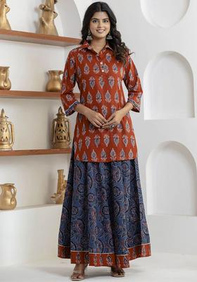 Rust Printed Cotton Kurta Set