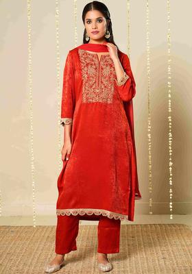 Red Embroidered Velvet Kurta Set