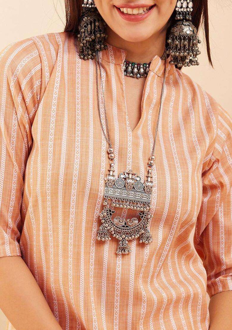 Mustard Striped Viscose Kurta Set - Indya