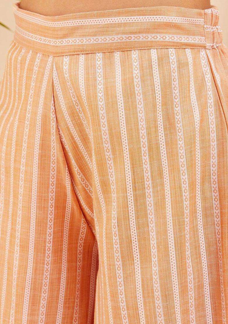Mustard Striped Viscose Kurta Set - Indya