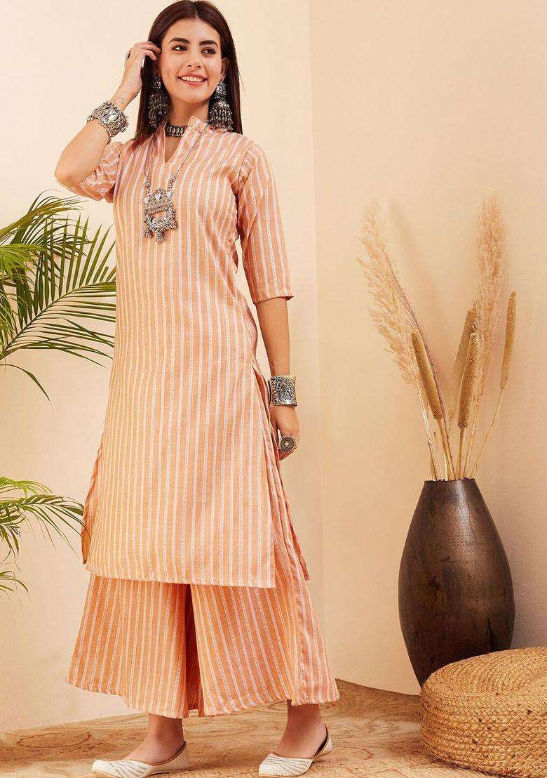 Mustard Striped Viscose Kurta Set - Indya
