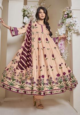 Peach Printed Cotton Anarkali Set