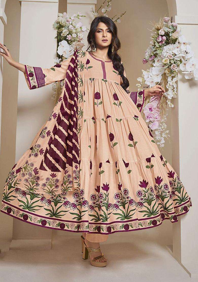 Peach Printed Cotton Anarkali Set - Indya