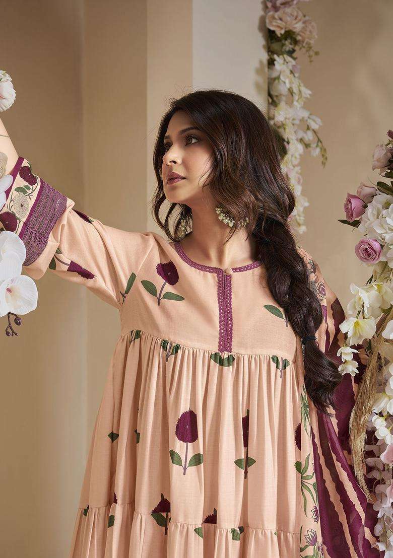 Peach Printed Cotton Anarkali Set - Indya