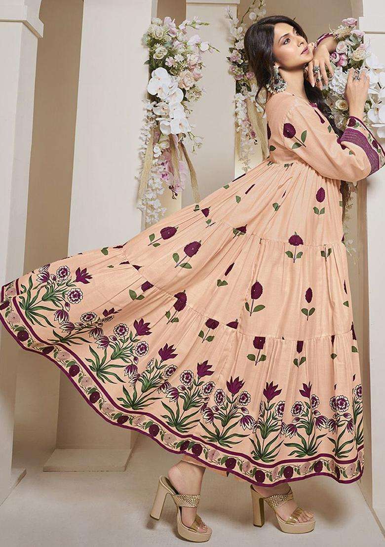 Peach Printed Cotton Anarkali Set - Indya