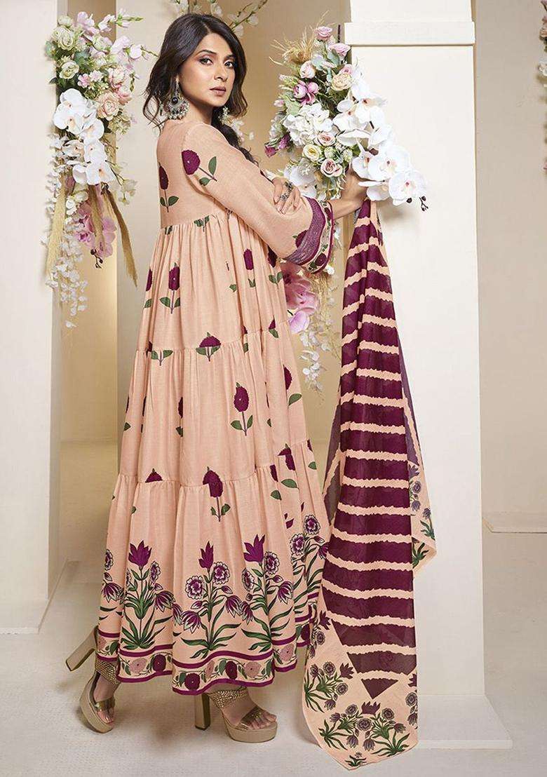 Peach Printed Cotton Anarkali Set - Indya