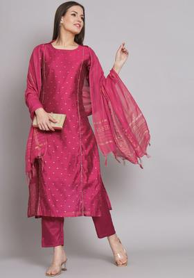 Pink Woven Design Silk Blend Kurta Set