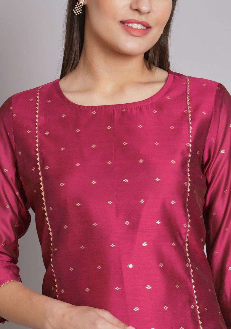 Pink Woven Design Silk Blend Kurta Set - Indya