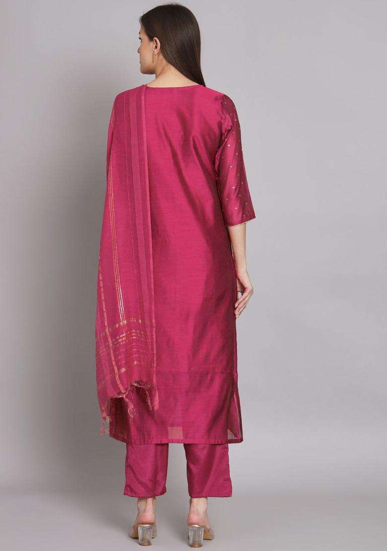 Pink Woven Design Silk Blend Kurta Set - Indya