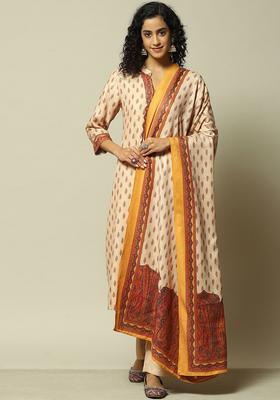 Off White Printed Polyester Kurta Set
