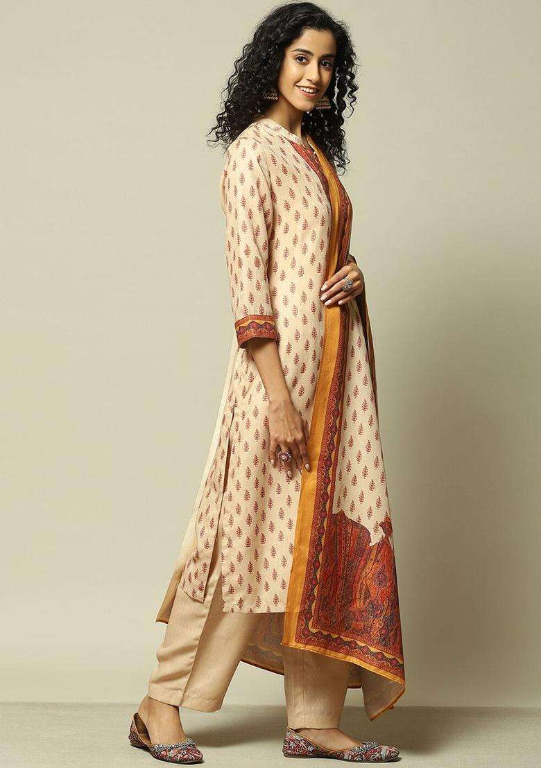 Off White Printed Polyester Kurta Set - Indya