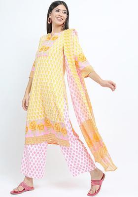 Mustard Printed Viscose Kurta Set