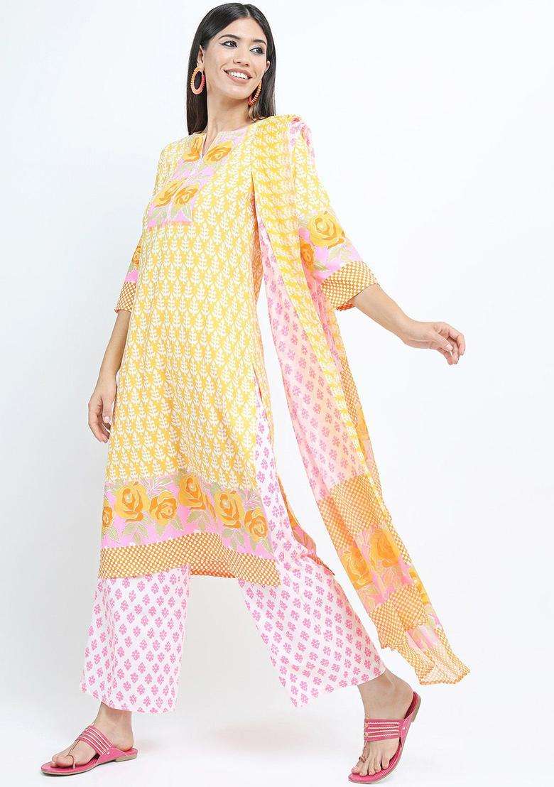 Mustard Printed Viscose Kurta Set - Indya