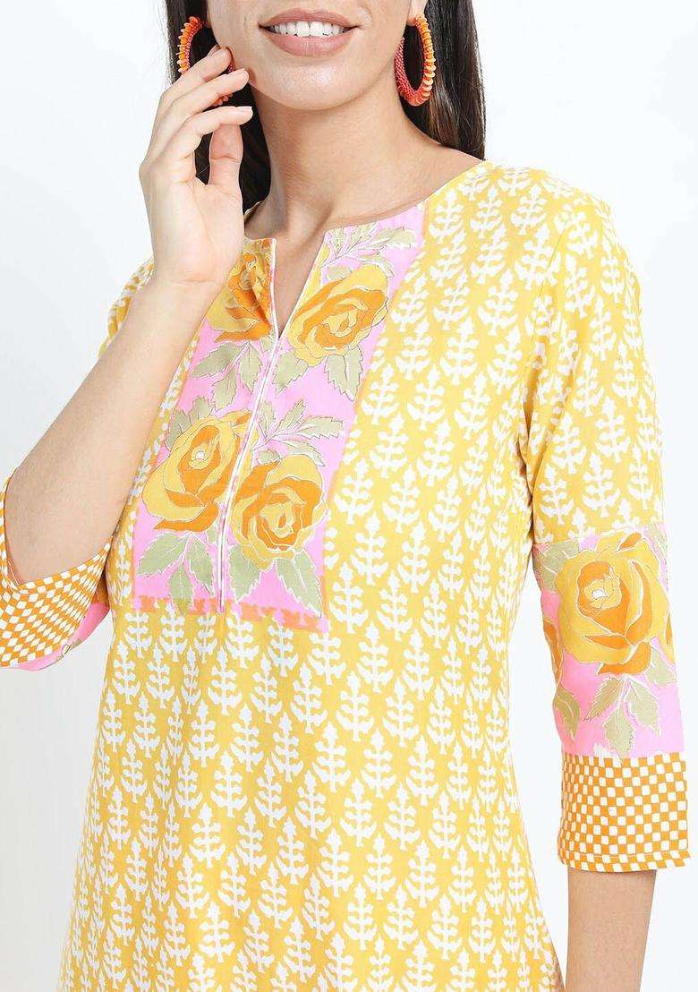 Mustard Printed Viscose Kurta Set - Indya