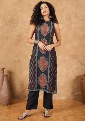 Black Printed Silk Blend Kurta Set