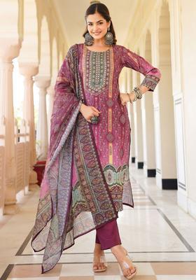 Purple Printed Polyester Kurta Set