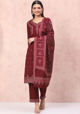 Maroon Woven Design Viscose Kurta Set