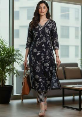 Navy Blue Printed Silk Blend Kurta Set