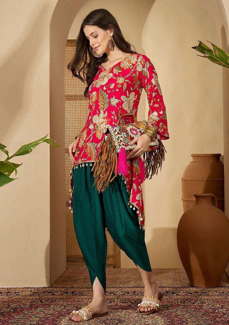 Red Printed Viscose Kurta Set - Indya