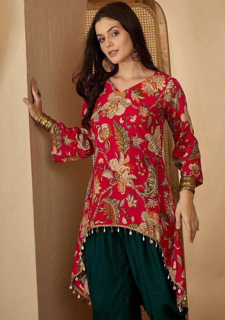 Red Printed Viscose Kurta Set - Indya