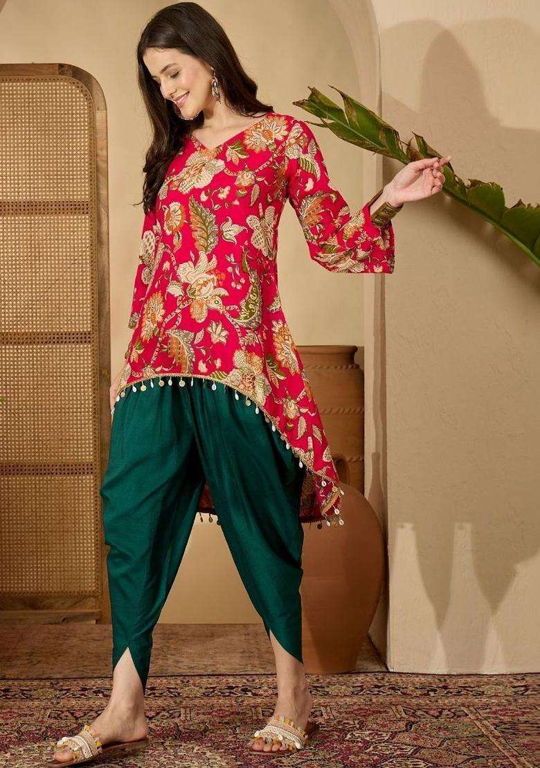 Red Printed Viscose Kurta Set - Indya
