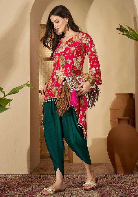 Red Printed Viscose Kurta Set