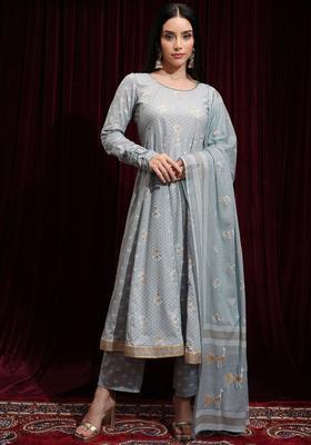 Grey Printed Cotton Anarkali Set