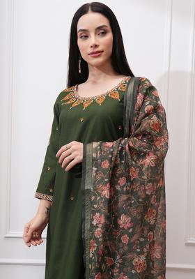 Green Embroidered Polyester Kurta Set