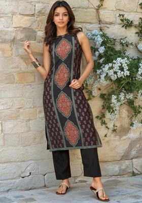 Black Printed Silk Blend Kurta Set
