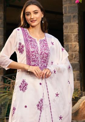 White Embroidered Organza Kurta Set
