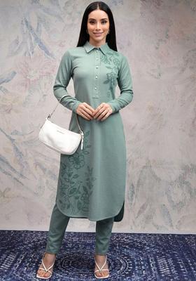 Green Printed Polyester Kurta Set