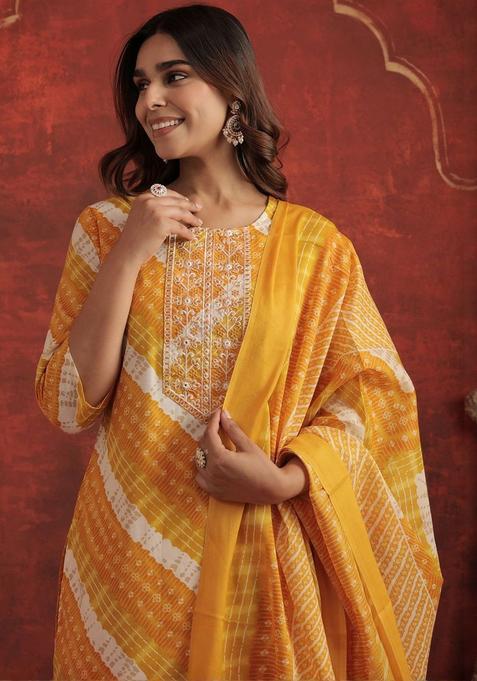 Yellow Printed Cotton Kurta Set — view on Indya