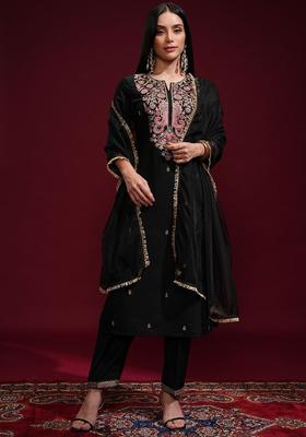 Black Embroidered Polyester Kurta Set