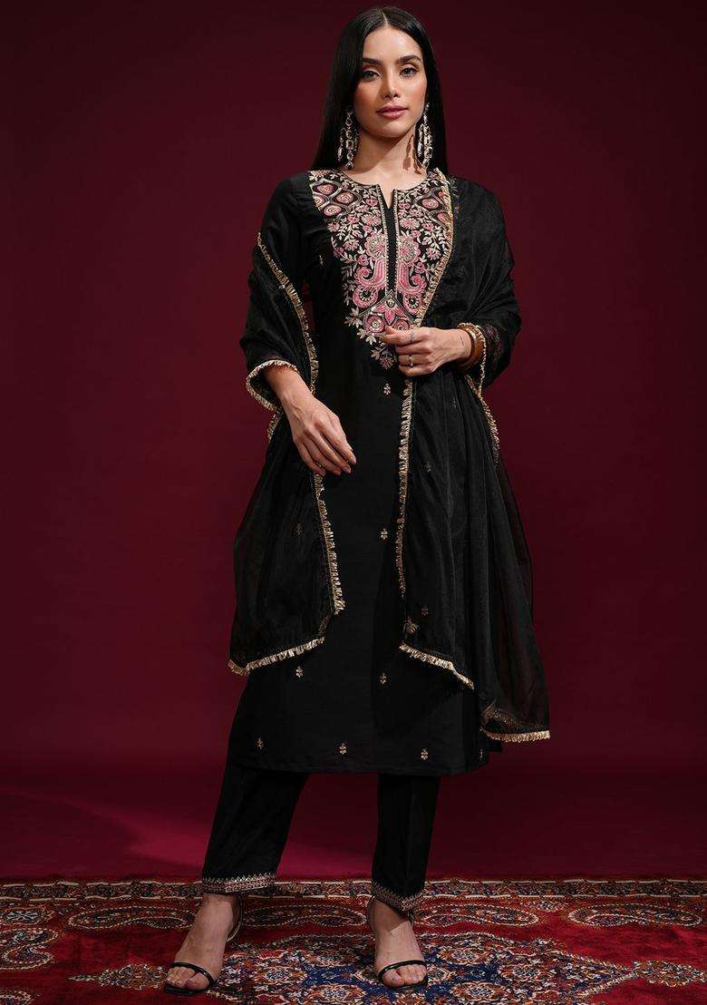 Black Embroidered Polyester Kurta Set - Indya
