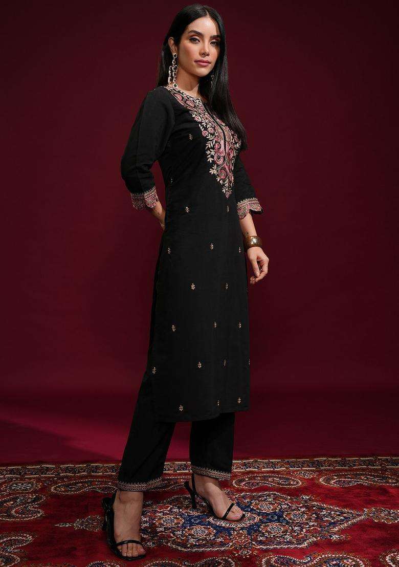 Black Embroidered Polyester Kurta Set - Indya