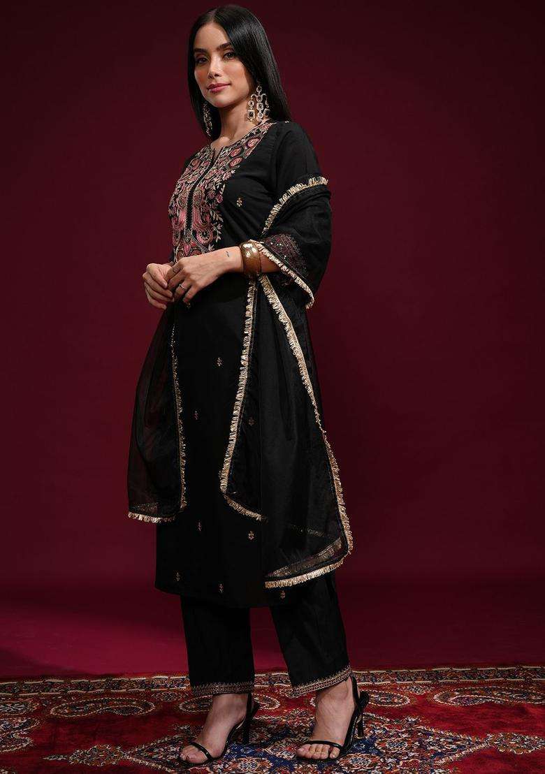 Black Embroidered Polyester Kurta Set - Indya