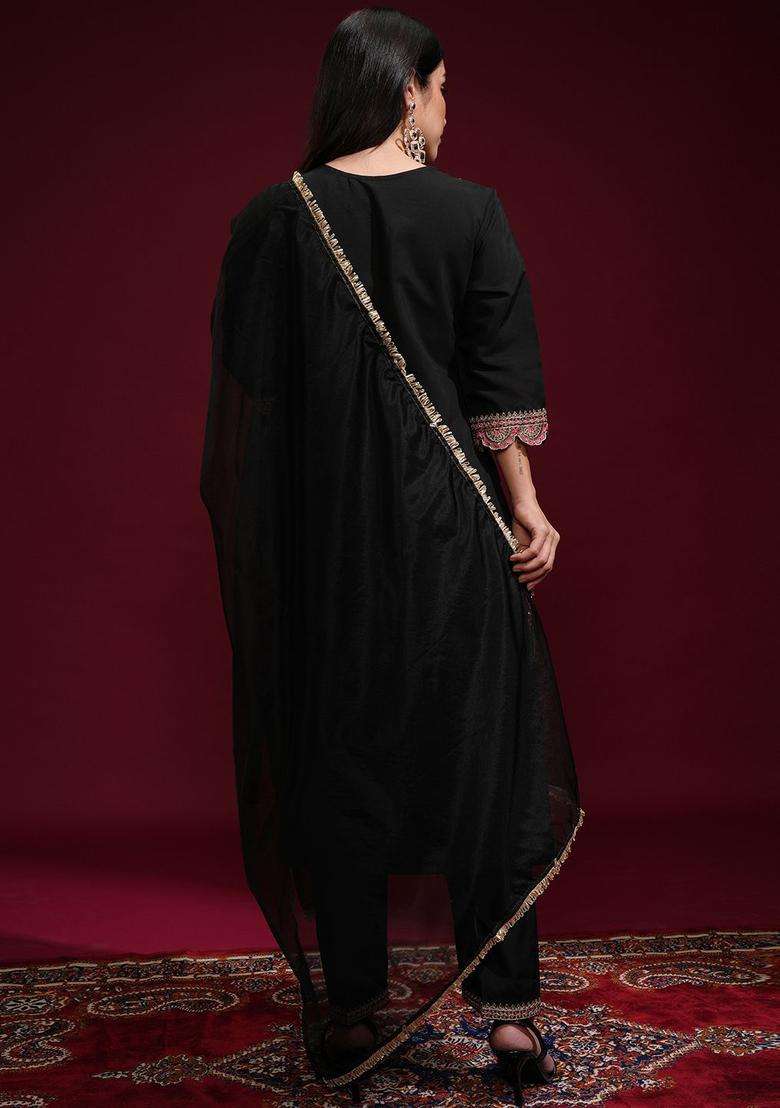 Black Embroidered Polyester Kurta Set - Indya