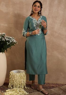 Sea Green Embroidered Silk Blend Kurta Set