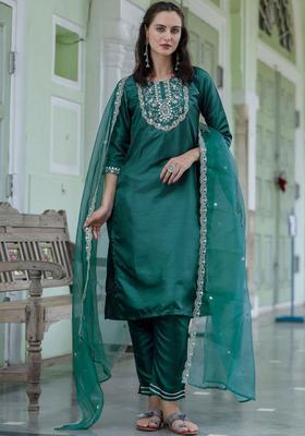 Green Yoke Design Silk Blend Kurta Set