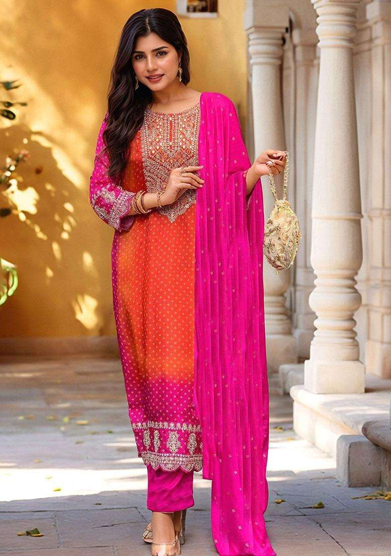 Pink Embroidered Viscose Kurta Set - Indya