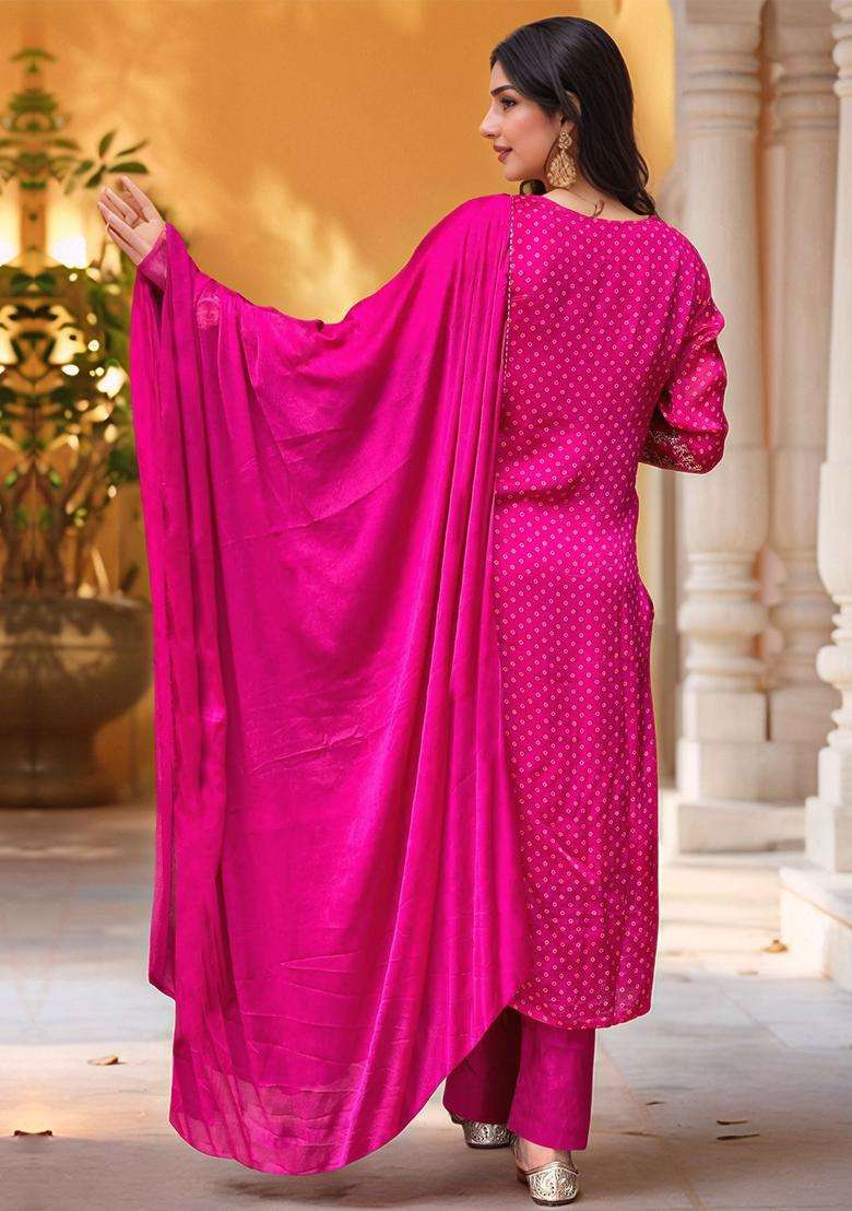 Pink Embroidered Viscose Kurta Set - Indya