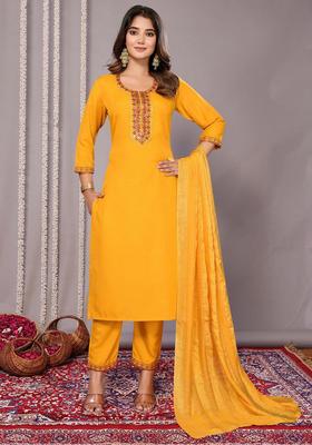 Mustard Embroidered Cotton Kurta Set