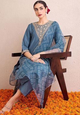 Grey Embroidered Silk Kurta Set